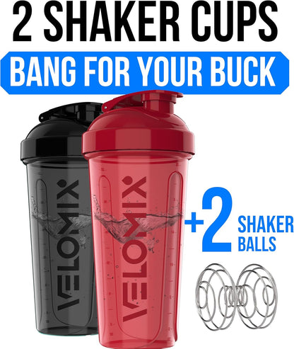 VELOMIX -2 Pack- 28 oz Protein Shaker Bottles for Protein Mixes - 2x Wire Whisk | Leak Proof Shaker Cups for Protein Shakes | Protein Shaker Bottle Pack (Black/Transparent)