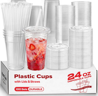 100 Pack 16 oz Plastic Cups with Lids and Straws, Clear Disposable Plastic Cups, Heavy Duty Iced Coffee Cups with Leak-Resistant Lids, Cold Drink Cups for Juice, Coffee and Milk Tea & Party To Go