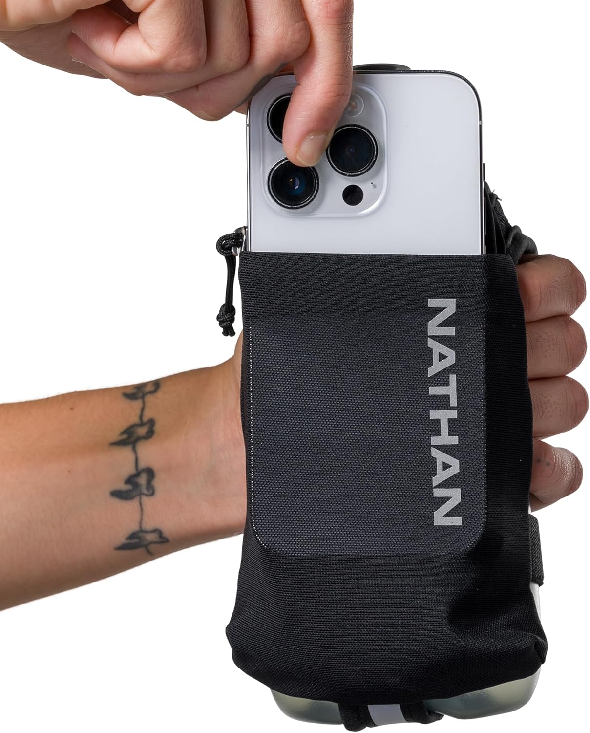Nathan SpeedDraw 2 Insulated Handheld Running Water Bottle Flask 18oz – Double-Wall Insulation, Ergonomic Grip, Blast Valve Cap, Phone & Key Storage Pockets, Reflective Design