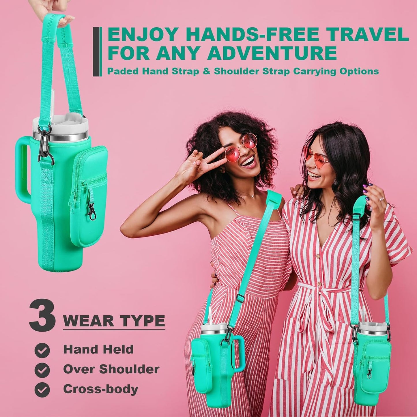 BULKITEM Water Bottle Carrier Bag with Phone Pocket for Stanley 40 & 30 oz Tumbler with Handle,Pink Insulated Neoprene Cup Holder Pouch w/Adjustable Strap for Quencher H2.0 Stanley Cup Accessories