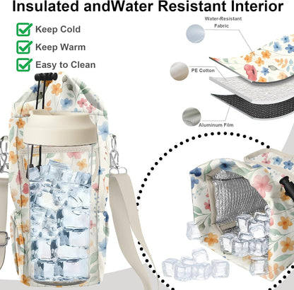 Water Bottle Carrier Bag with Phone Pocket for Stanley Cup 30/32/40 oz Tumbler with Adjustable Strap,Insulated Water Bottle Holder Pouch Crossbody Sling for Walking Travel