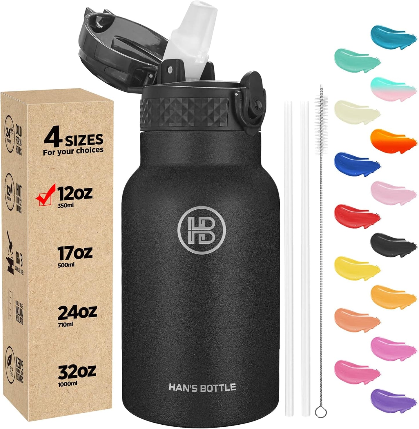 Han's Bottle Sports Water Bottle - 24 Oz, Straw Lid, Leak Proof, Vacuum Insulated Stainless Steel, Double Walled, Thermo Mug,Black