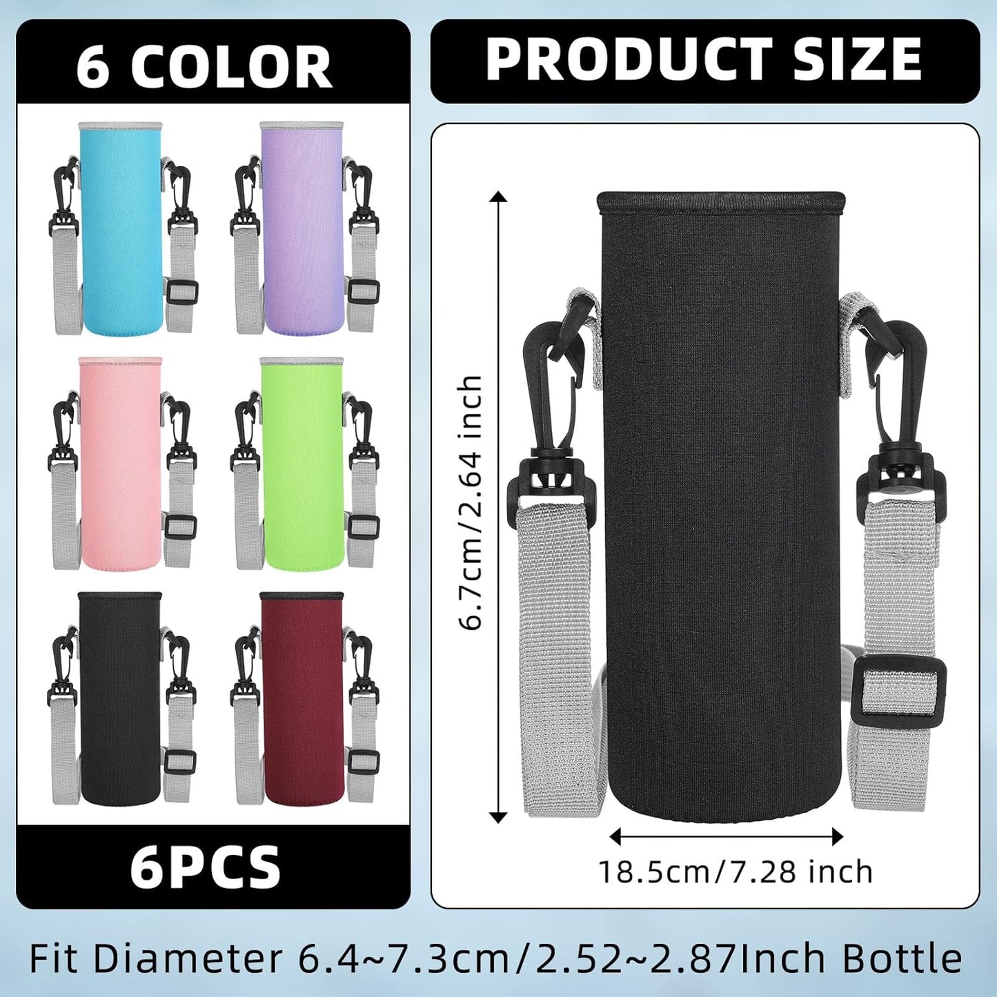 Rtteri 6 Pcs Neoprene Water Bottle Carrier Bag with Adjustable Shoulder Strap 32oz Insulator Water Bottle Cover Holder Cooler Sleeve for Stainless Steel/glass/plastic (Black)