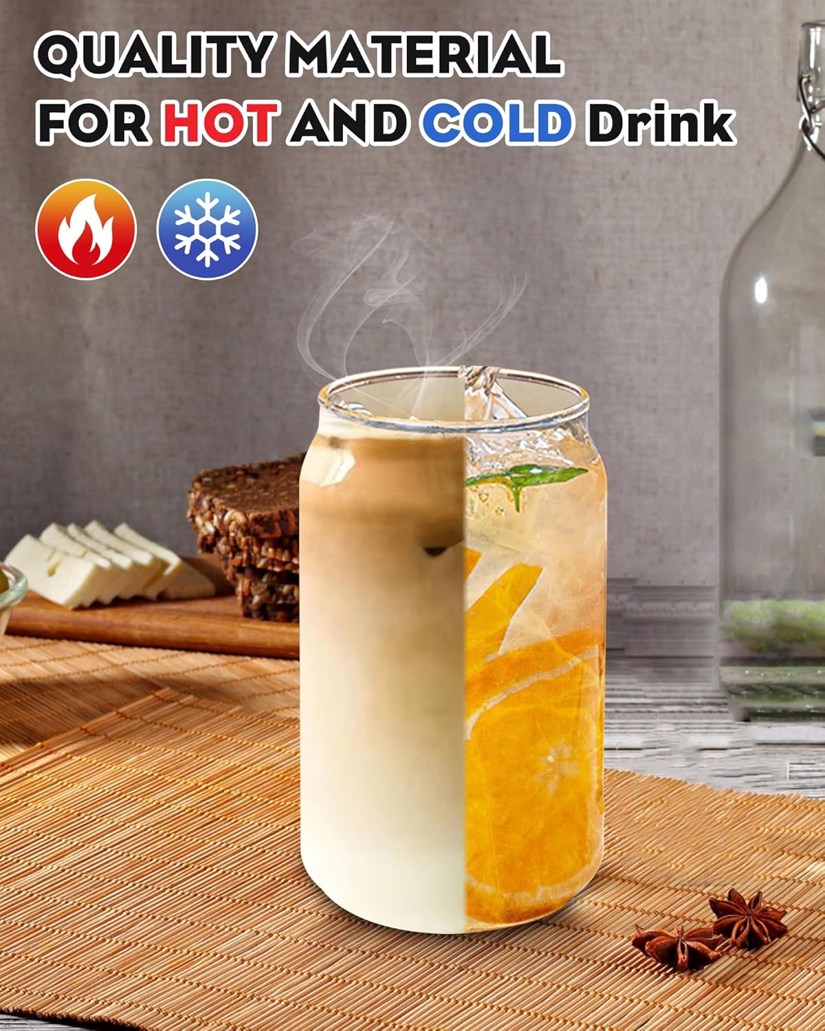 WISIMMALL Drinking Glasses with Bamboo Lids and Glass Straw 2PCS Set, 16oz Glass Cups with Lids and Straws, Beer, Iced Coffee Glasses, Soda, Gift 1 Cleaning Brushes