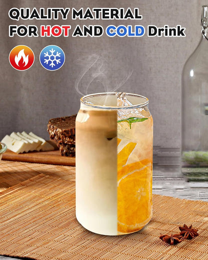 WISIMMALL Drinking Glasses with Bamboo Lids and Glass Straw 2PCS Set, 16oz Glass Cups with Lids and Straws, Beer, Iced Coffee Glasses, Soda, Gift 1 Cleaning Brushes