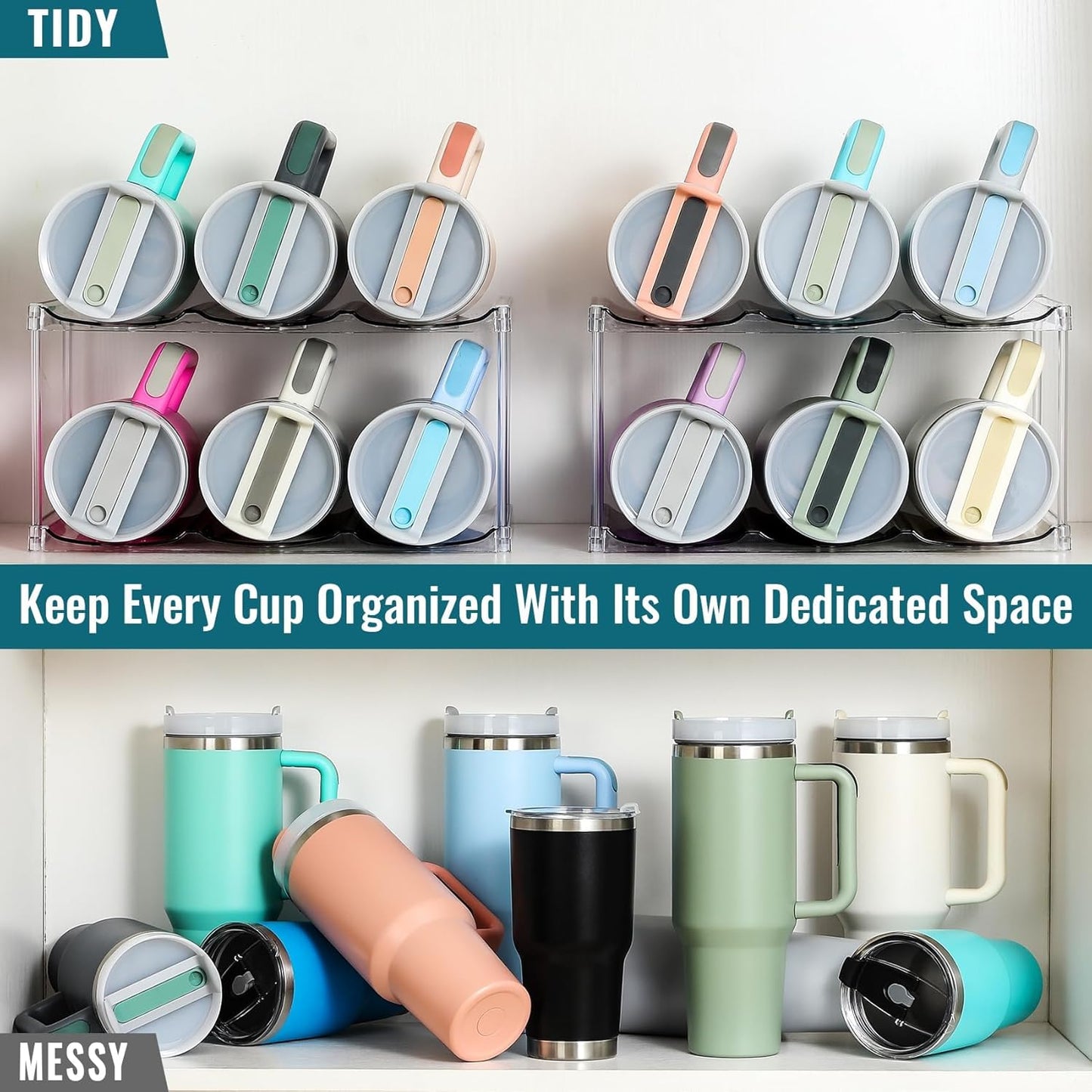 Design for Stanley 40 OZ & Large Bottles & Tumblers with Handle - Acrylic Water Bottle Organizer - Stackable Clear Wine Rack Cup Holder for Home Kitchen Pantry Shelf Countertop Cabinet, 4 Tier Hold 16