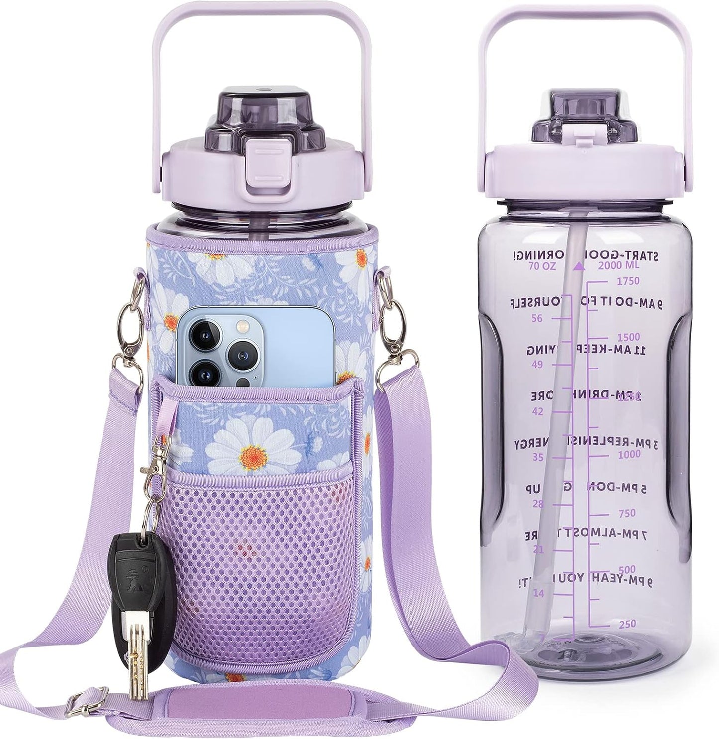 Half Gallon Water Bottle with Sleeve, 64OZ Motivational Water Bottle with Straw & Time Marker, BPA Free Leakproof Gym for Sport Workout