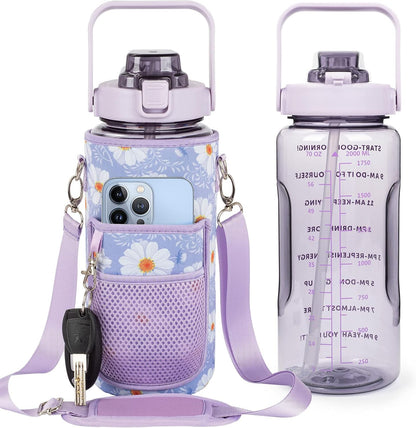 Half Gallon Water Bottle with Sleeve, 64OZ Motivational Water Bottle with Straw & Time Marker, BPA Free Leakproof Gym for Sport Workout