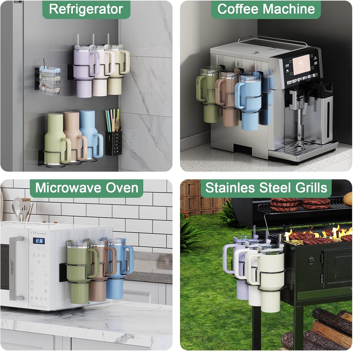 Magnetic Cup Holder for Fridge, Aufworld Tumbler Organizer Fits 20/30/40 oz Stanley Cups, Accessory Storage with Lid & Straw Holder, Space-Saving Storage Rack for Kitchen Fridge (Black-Cup Holder Set)