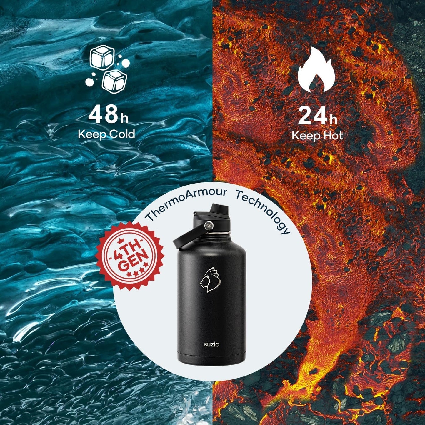 BUZIO 40oz Insulated Water Bottle, Triple Wall Vacuum Stainless Steel Water Flask with 2 lids, Lead-Free BPA-Free Straw Lid Sports Canteen Jug, Cold 48H & Hot 24H- Black - Colors A