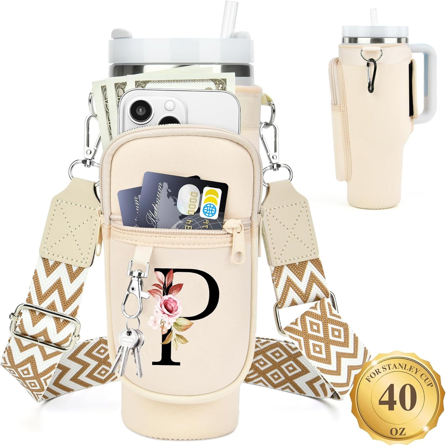LOKASS Personalized Water Bottle Holder with Strap for Stanley Cup Accessories 40 oz, Initial for Stanley Cup Holder Carrier Bag with Phone Pocket, Stylish Tumbler Accessories for Daily Use Hands-Free