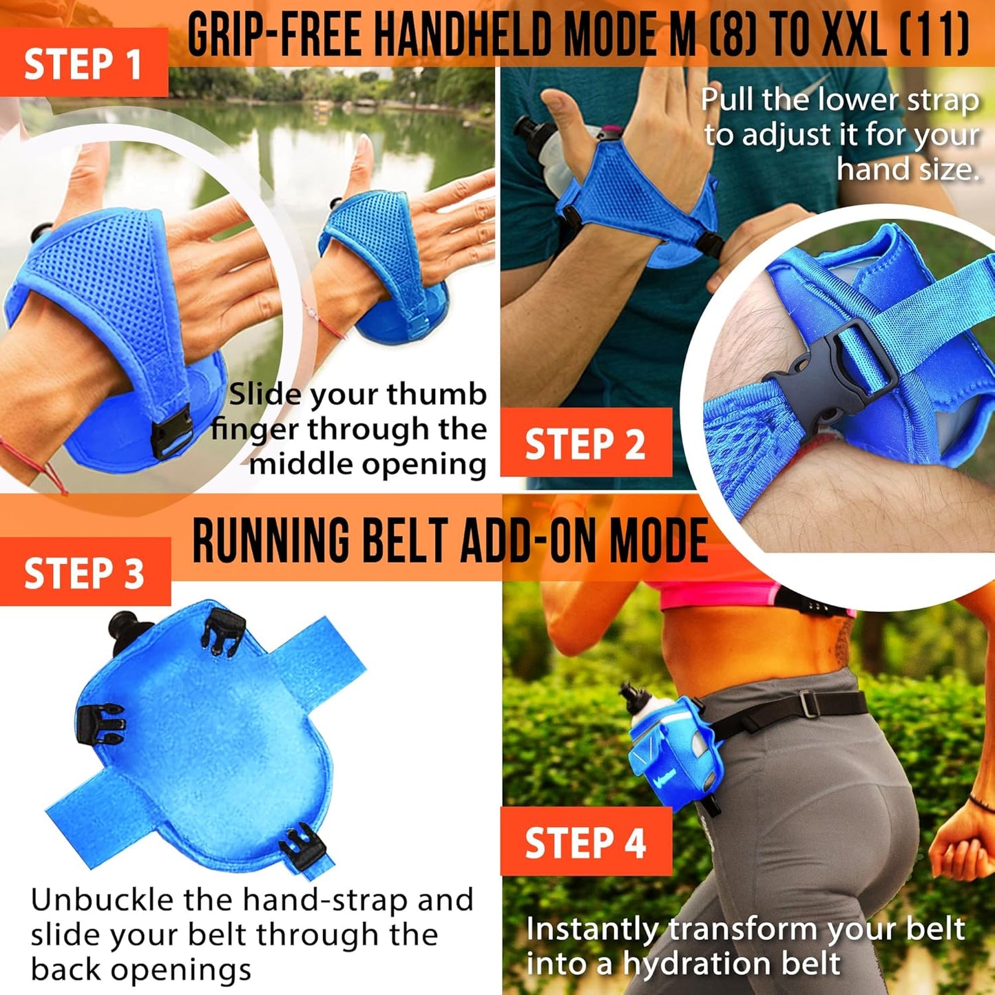 2-in-1 Running Fun: Handheld 12 Oz Water Bottle & Running Belt Add-On. No-Grip Design Straps on Hand & Slides on Belt. Waterproof Pocket for Money, Keys. Maximize Time, Freedom & Health