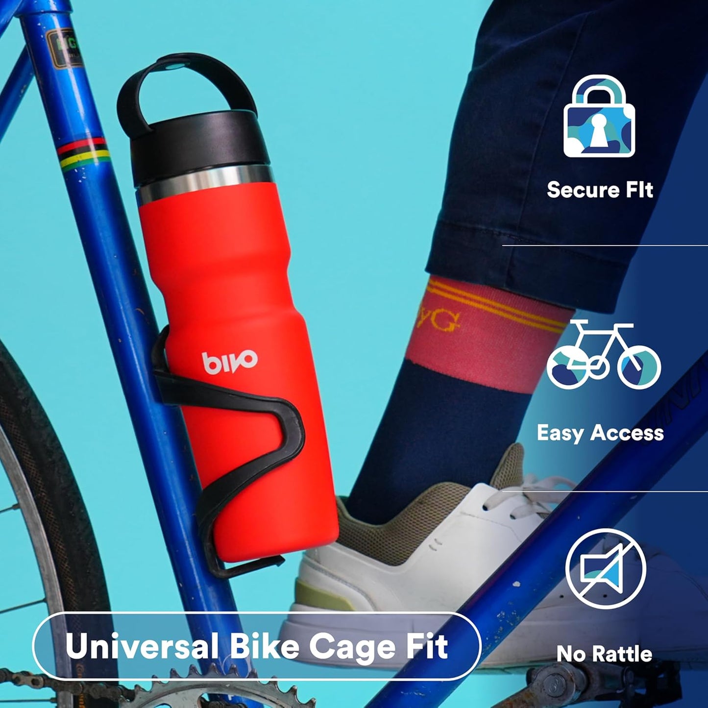 Bivo Trio Insulated Stainless Steel Bike Water Bottle with Ventura Leakproof Insulated Lid and Clippable Handle, Double-Wall Vacuum Insulated, Universal Cage Fit - 17oz, Raw