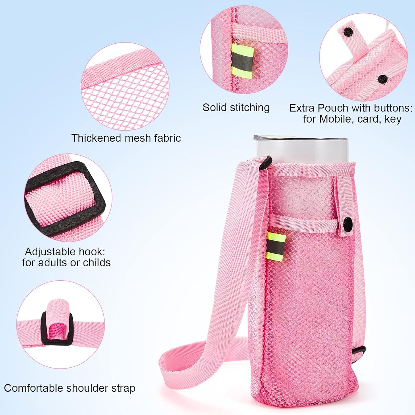 Mumufy Mesh Water Bottle Sling Holder with Adjustable Strap Crossbody Bottle Sleeve Carrier with Pouch for Outdoor Activities