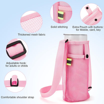 Mumufy Mesh Water Bottle Sling Holder with Adjustable Strap Crossbody Bottle Sleeve Carrier with Pouch for Outdoor Activities