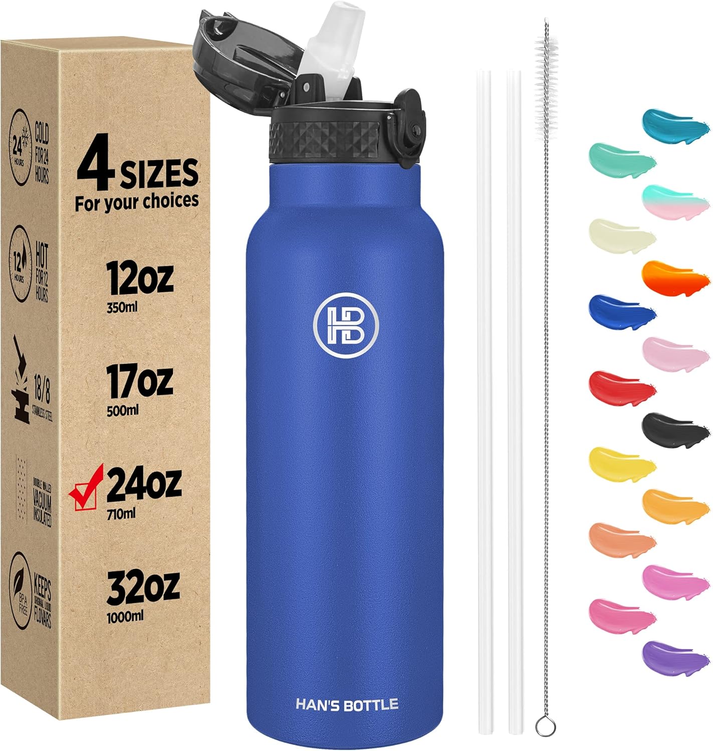 Han's Bottle Sports Water Bottle - 24 Oz, Straw Lid, Leak Proof, Vacuum Insulated Stainless Steel, Double Walled, Thermo Mug,Black