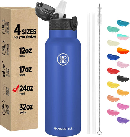 Han's Bottle Sports Water Bottle - 24 Oz, Straw Lid, Leak Proof, Vacuum Insulated Stainless Steel, Double Walled, Thermo Mug,Black