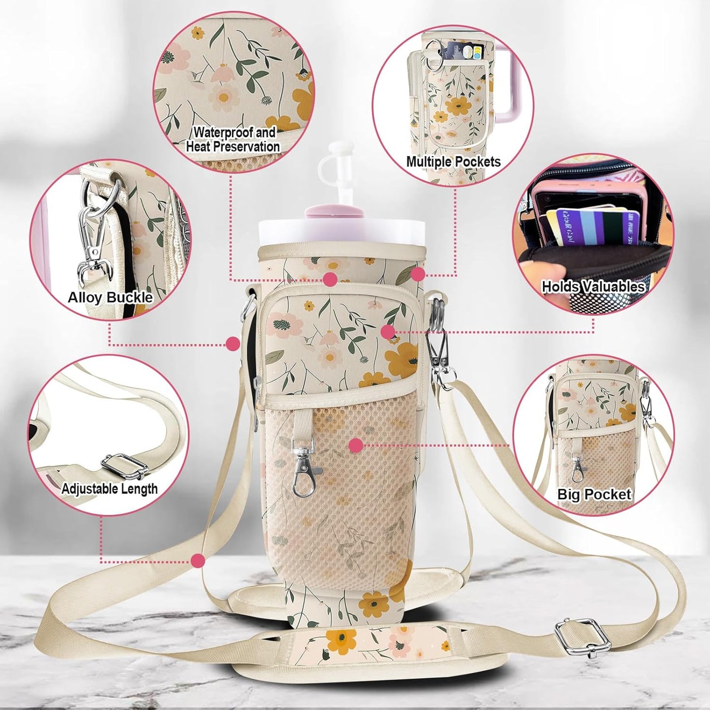 Stanley Carrier Bag for Stanley 40oz/30ozTumbler with Phone with 2 Adjustable Strap,3 Pockets Bottle Stanley Cup Carrier Bag & Case,Accessories for Hiking Travelling