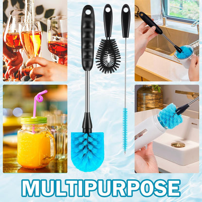 12.2 inch Bottle Brush Set of Three，Washable Coffee Cups, Water Bottles, Baby Bottles, Straws, to-go Cups, Long-Handled 3-in-1 Stainless Steel Bottle Brushes. (Blue)