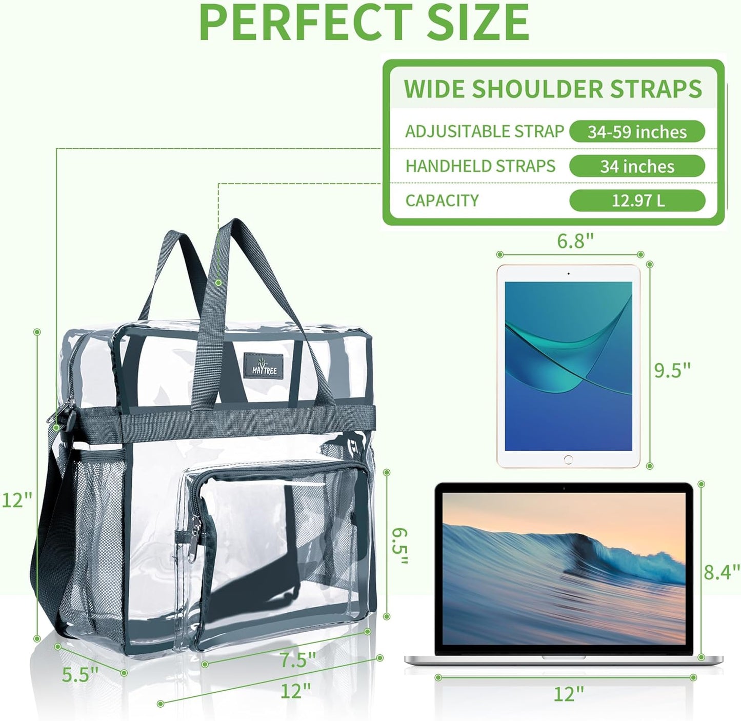 MAY TREE Clear Bag for Stadium Events, 12×5.5×12 Clear Tote Lunch Bag with Non-detachable Reinforced Straps for Work, Sporting Events and Gym, Black