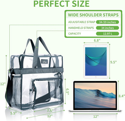 MAY TREE Clear Bag for Stadium Events, 12×5.5×12 Clear Tote Lunch Bag with Non-detachable Reinforced Straps for Work, Sporting Events and Gym, Black