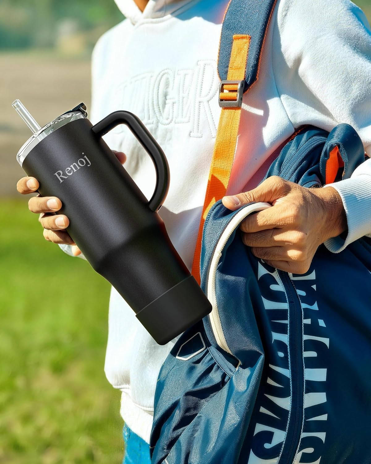 Renoj Insulated Mug 100% Leak Proof Insulated Water Bottle for Iced Coffee & Hot Drinks - Fits Car Cup Holder, Ideal Gift, 2 Straws & Silicone Boot - SnapShift Pink 32 oz