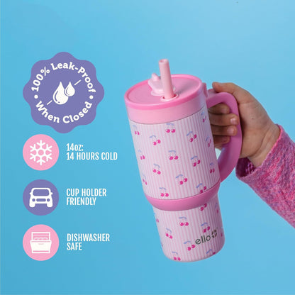 Ello Oasis 18oz Kids Tumbler with Handle & Retracting Straw, 100% Leakproof Reusable Insulated Stainless Steel Cup, Gifts for Teens Girls Boys, Keeps cold for 18 Hours, Cup Holder Friendly, Glacier