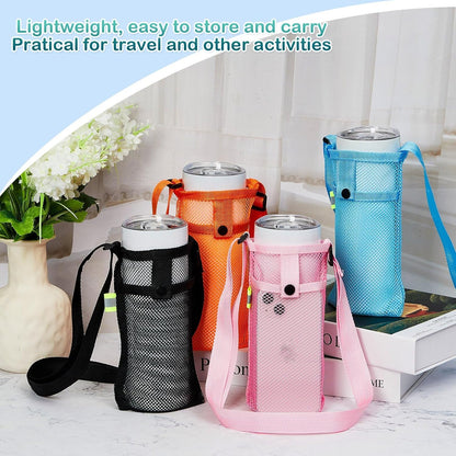 Mumufy Mesh Water Bottle Sling Holder with Adjustable Strap Crossbody Bottle Sleeve Carrier with Pouch for Outdoor Activities