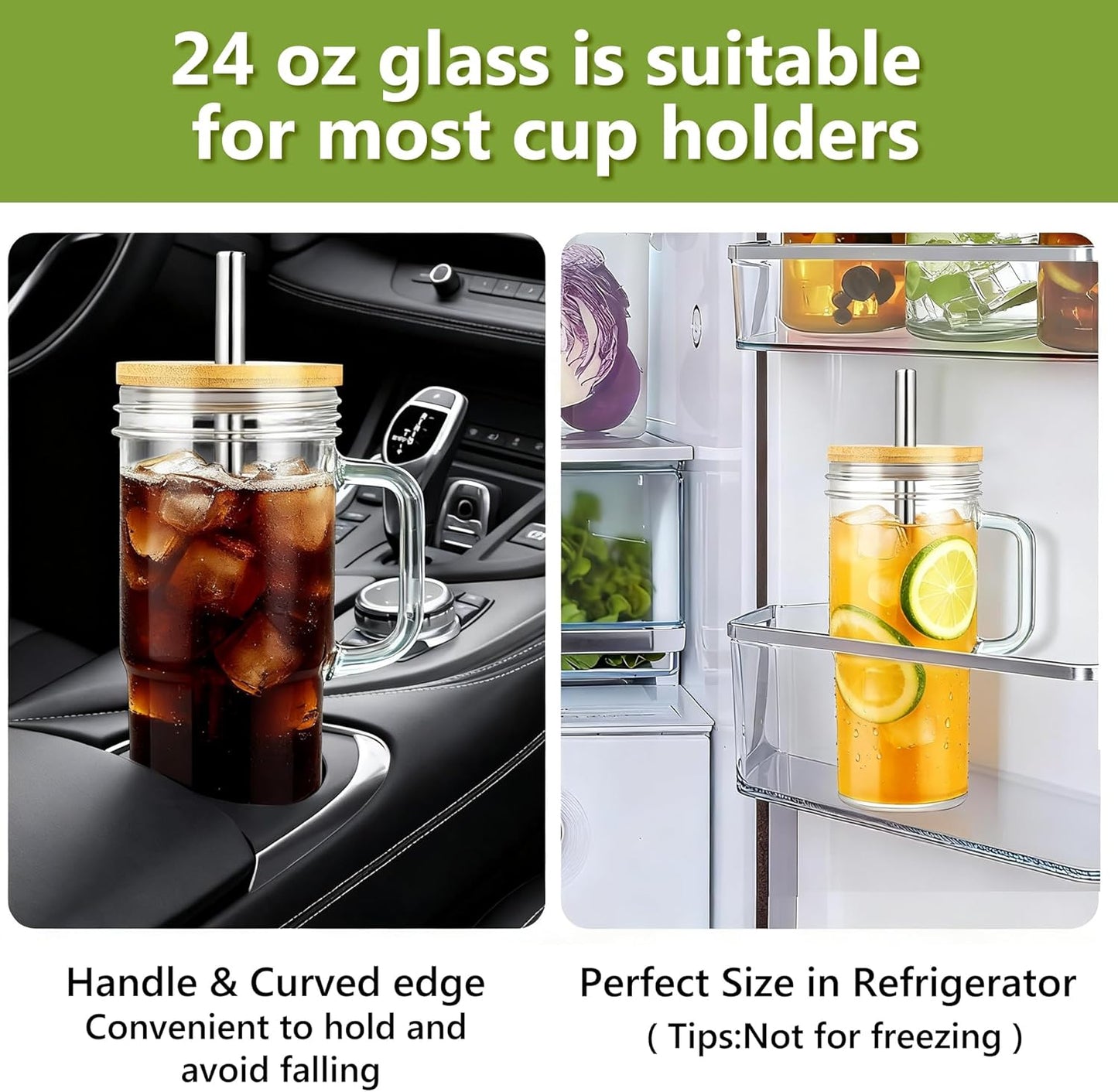 2Pack 40OZ Glass Tumbler with Handle,Glass Cup with Lid and Straw,Reusable Glass Iced Coffee Cup for Beer, Smoothies, Juice,Hot/Cold Drinks-Suitable for Birthday,Wedding