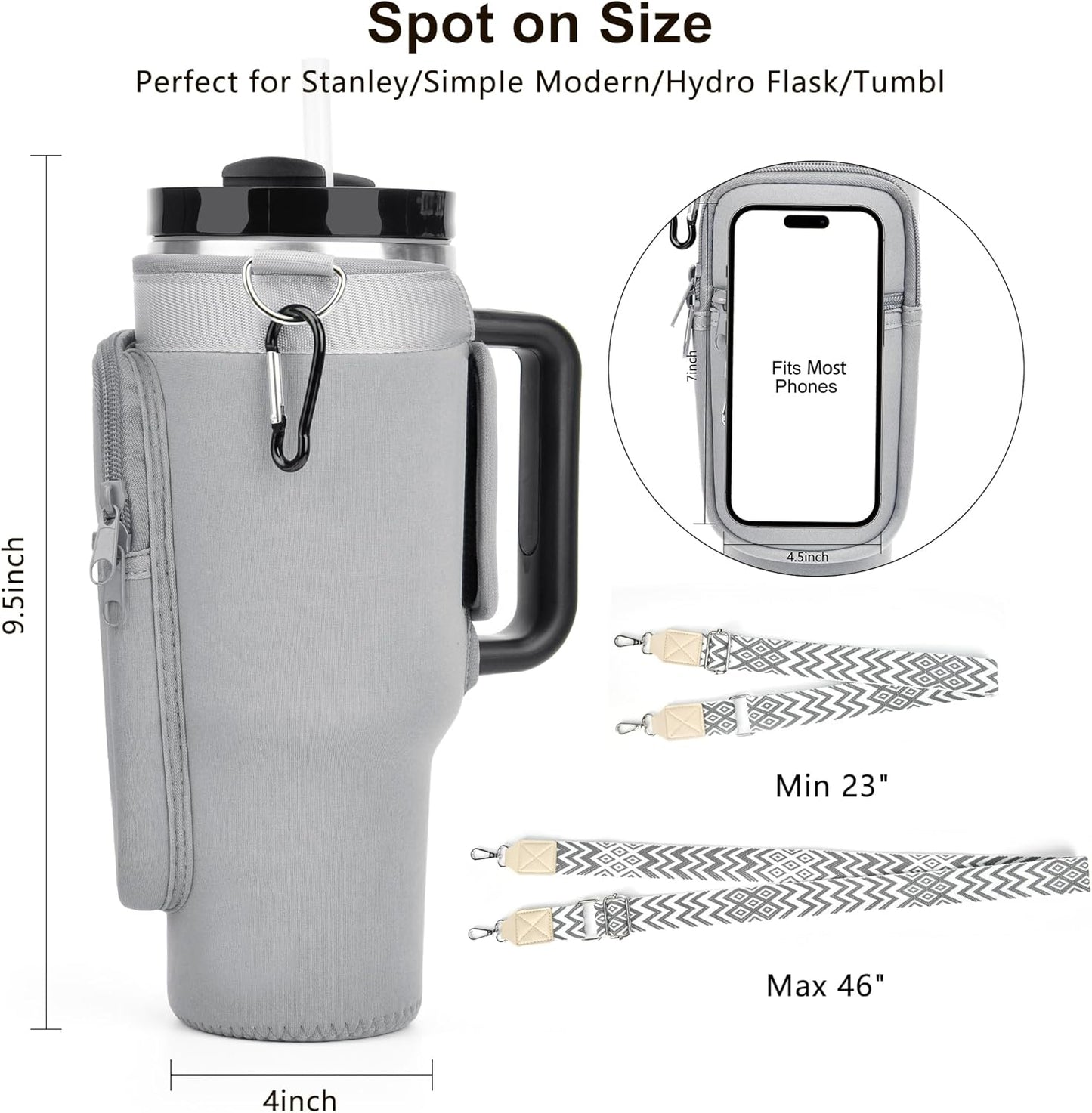 LOKASS Personalized Water Bottle Holder with Strap for Stanley Cup Accessories 40 oz, Initial for Stanley Cup Holder Carrier Bag with Phone Pocket, Stylish Tumbler Accessories for Daily Use Hands-Free