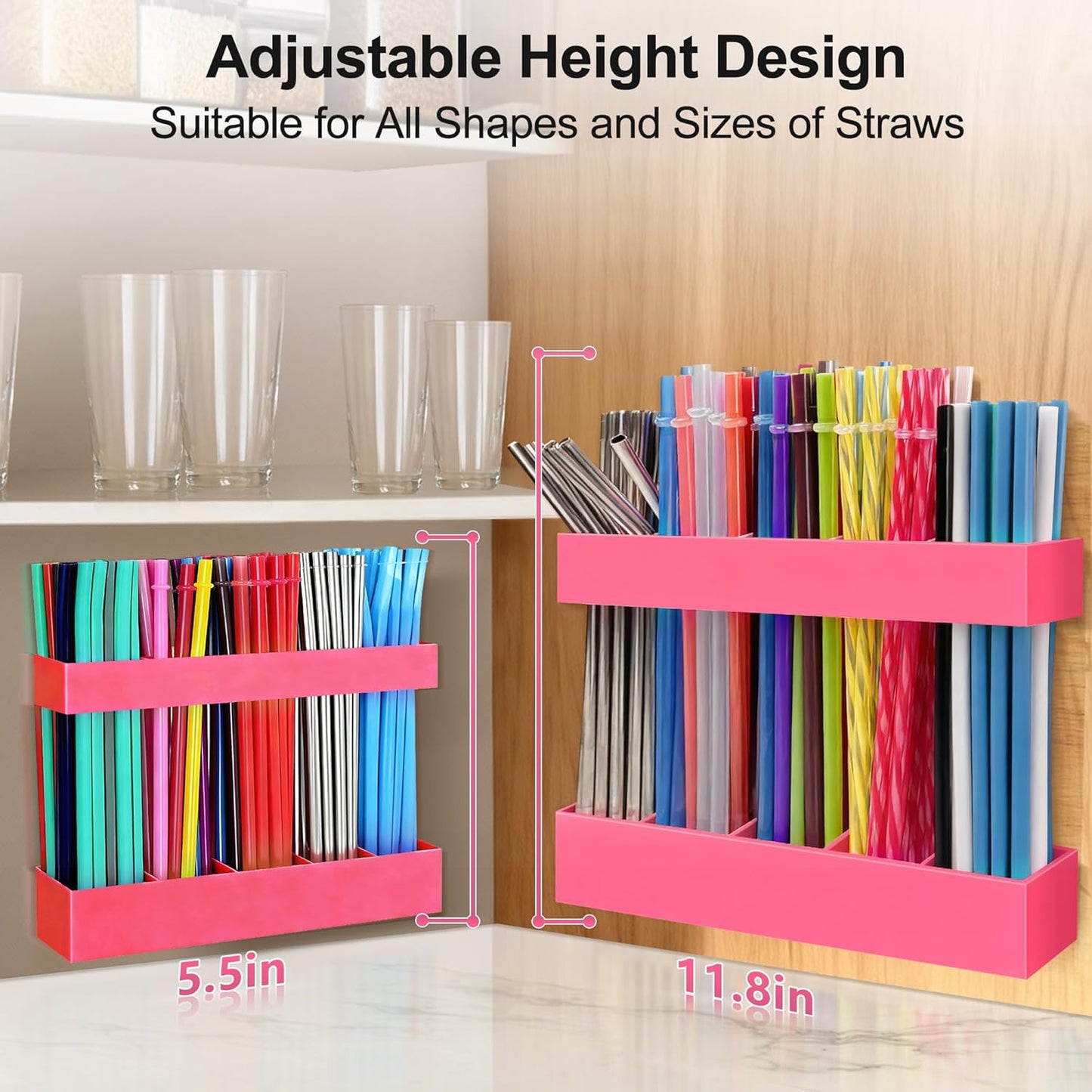 9.5” Large Acrylic Straw Holder for Cabinet Door, Reusable Adjustable Two-Part Straws Organizer with Ultra Sticky Adhesive Strips, 2026 Straw Storage for Kitchen Cupboard (Transparent)