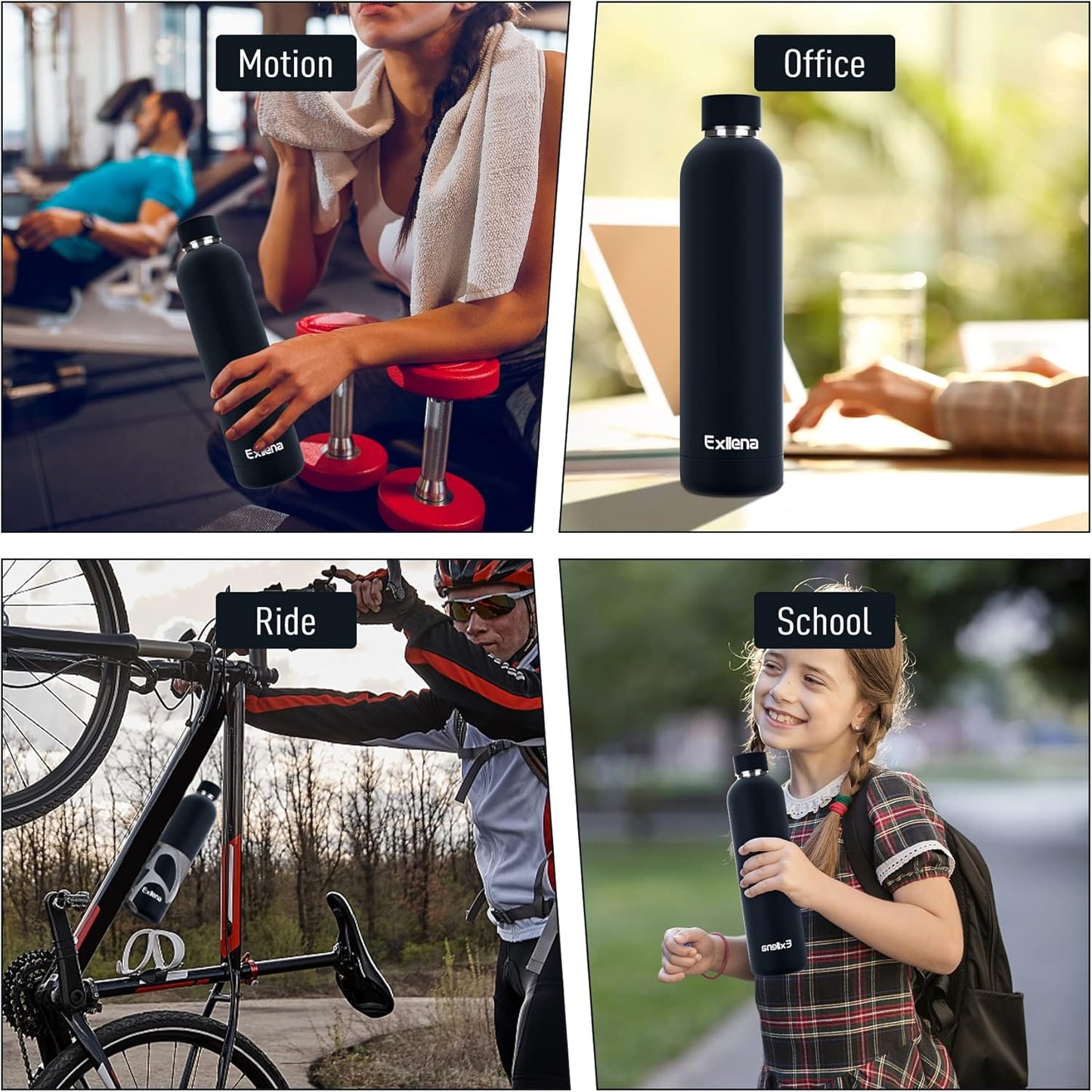 Exllena Slim Insulated Water Bottles for Travel 18oz with Clip, Double Wall Vacuum Stainless Steel Water Bottle Keeps Drinks Cold 24 Hrs/Hot 12 Hrs, 100% Leakproof, BPA Free(Black)