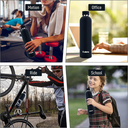 Exllena Slim Insulated Water Bottles for Travel 18oz with Clip, Double Wall Vacuum Stainless Steel Water Bottle Keeps Drinks Cold 24 Hrs/Hot 12 Hrs, 100% Leakproof, BPA Free(Black)