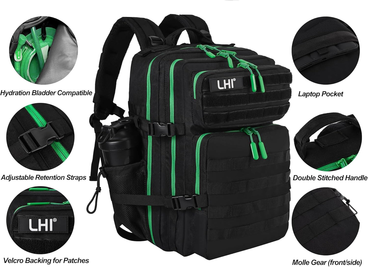 LHI Military Tactical Backpack for Men and Women 45L Army 3 Days Assault Pack Bag Large Rucksack with Molle System - Black - Colors B
