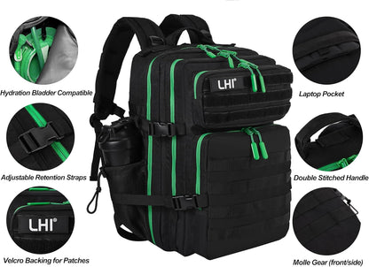 LHI Military Tactical Backpack for Men and Women 45L Army 3 Days Assault Pack Bag Large Rucksack with Molle System - Black - Colors B