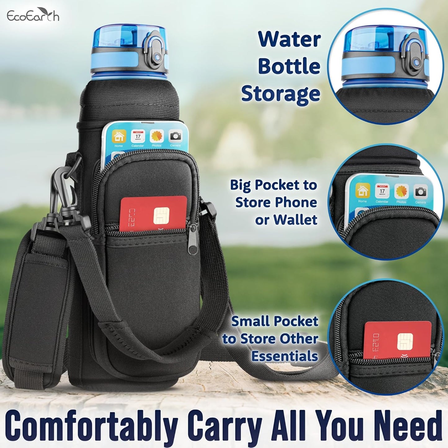 EcoEarth - Water Bottle Holder with Strap - Water Bottle Carrier Bag for Hiking - Crossbody Hydration Pouch with Phone Holder