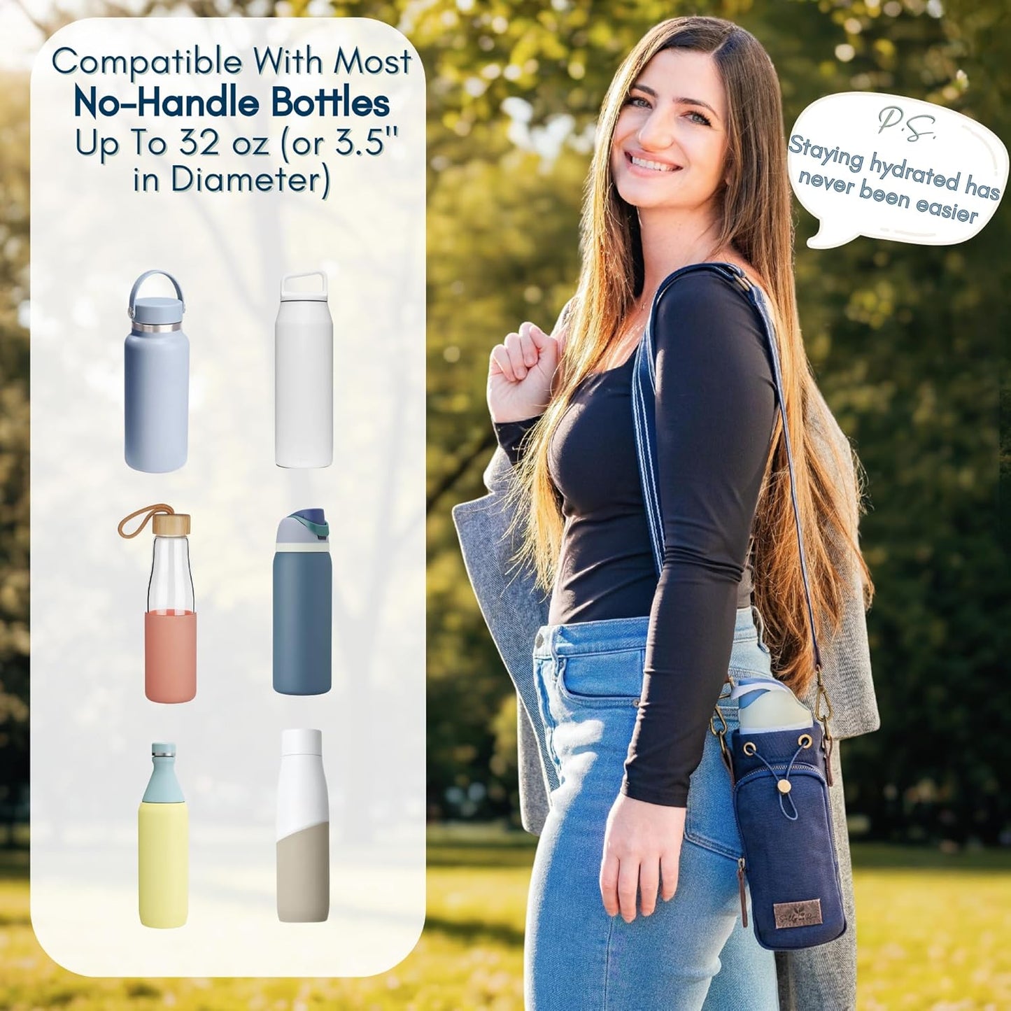 Water Bottle Holder with Strap & Pocket – Crossbody Water Bottle Carrier - Fits 16 to 32 oz Bottles