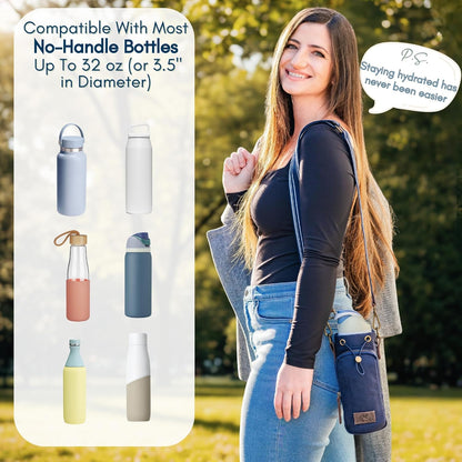 Water Bottle Holder with Strap & Pocket – Crossbody Water Bottle Carrier - Fits 16 to 32 oz Bottles