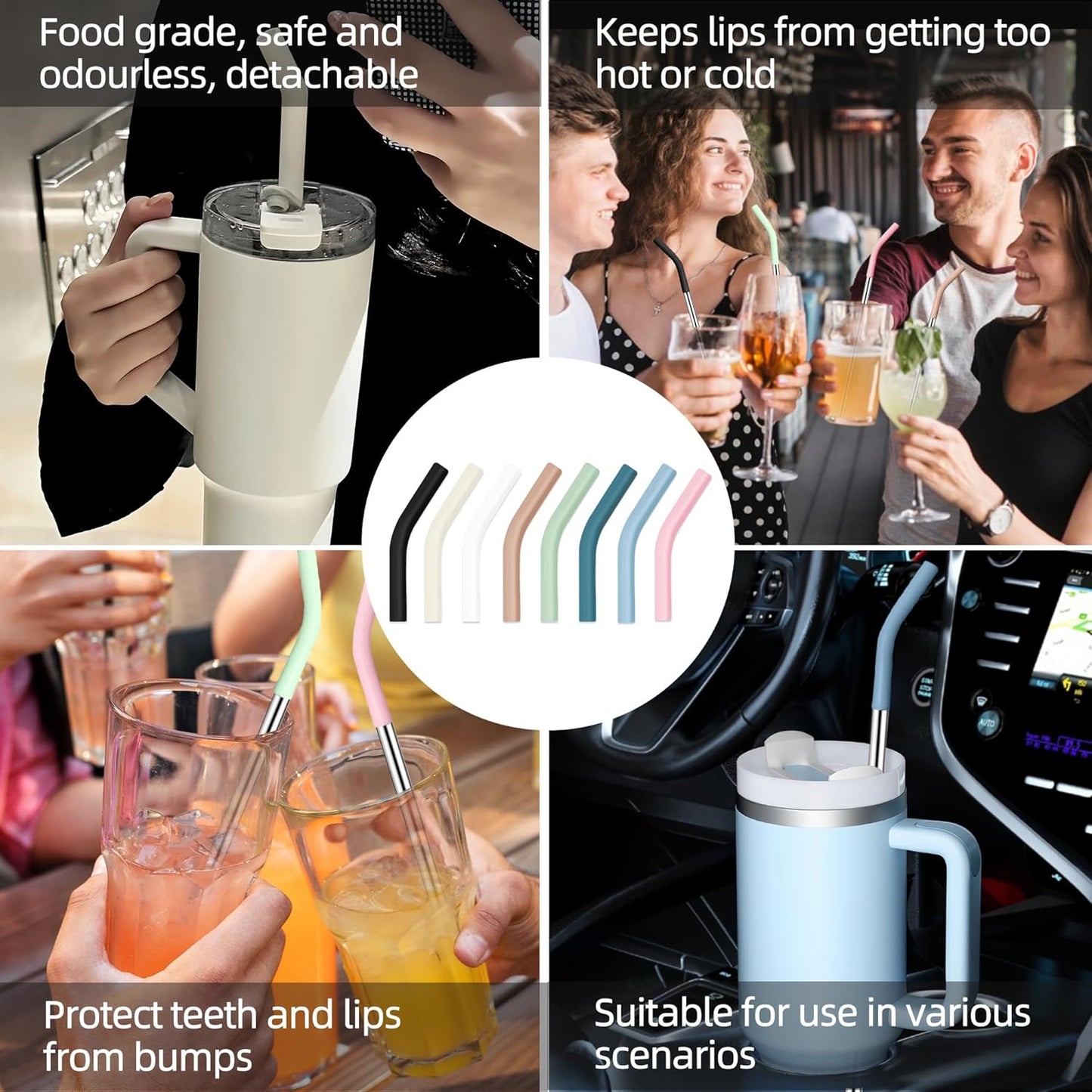 40 oz Stainless Metal Straws for 40 oz Stanley Tumbler, 6Pcs Reusable Straight Long Steel Straws with 12 Silicone Tips and 2 Straw Cleaning Brushes (6Color1, 40oz)