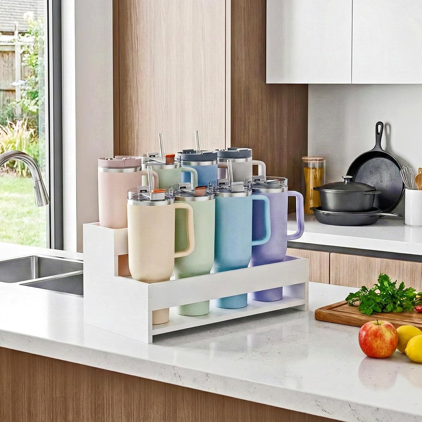 Water Bottle Organizer, 2-Tier 15.7" W Tumbler Holder for 8 Cups, Pantry Kitchen Storage Rack for Wine Bottles Countertop Cabinet