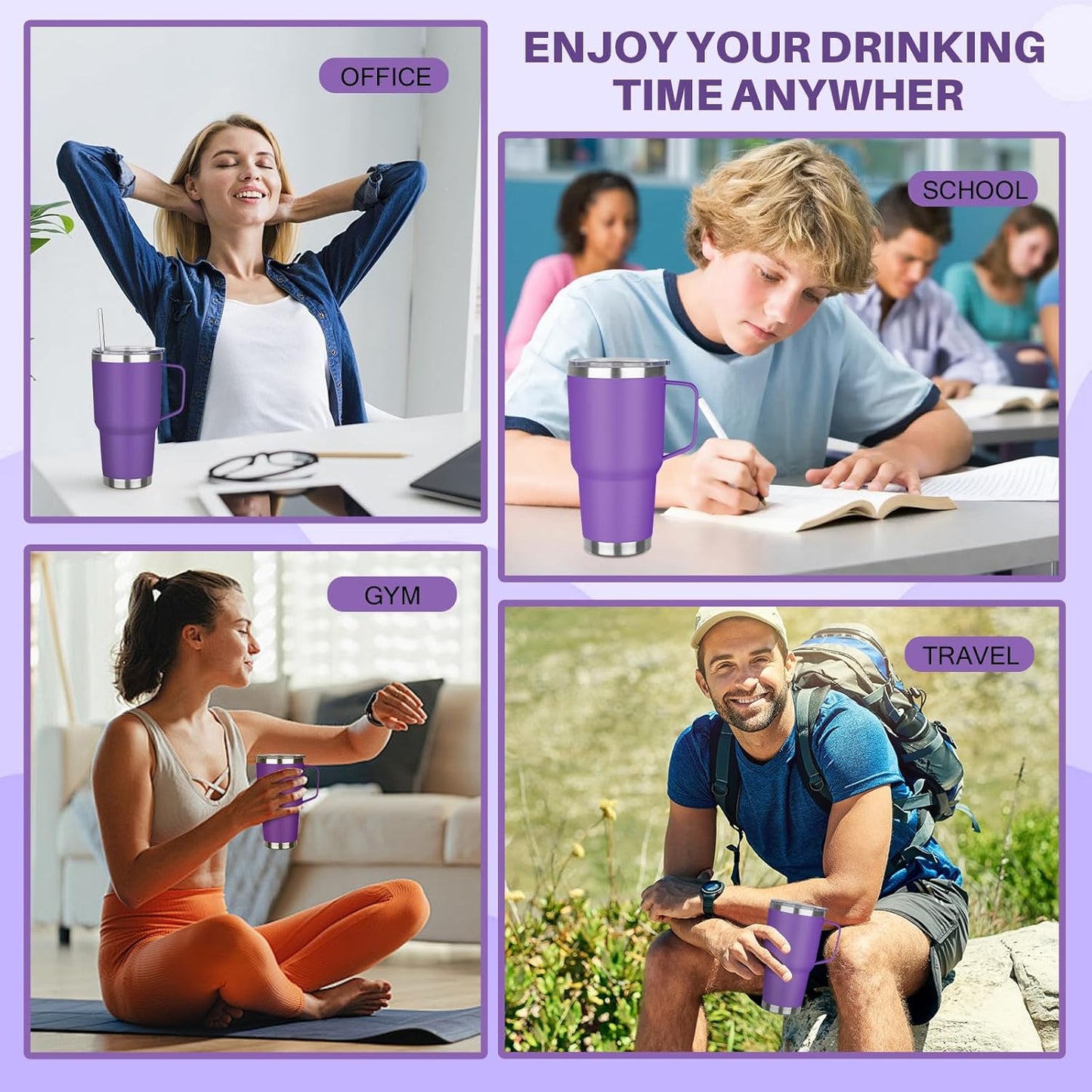 40 oz Tumbler with Handle, Insulated Tumbler with Lid and Straw, Reusable Stainless Steel Vacuum Insulated Cup, 100% Leak Proof Thermal Travel Coffee Mug Cup for Cold and Hot (Light Purple)