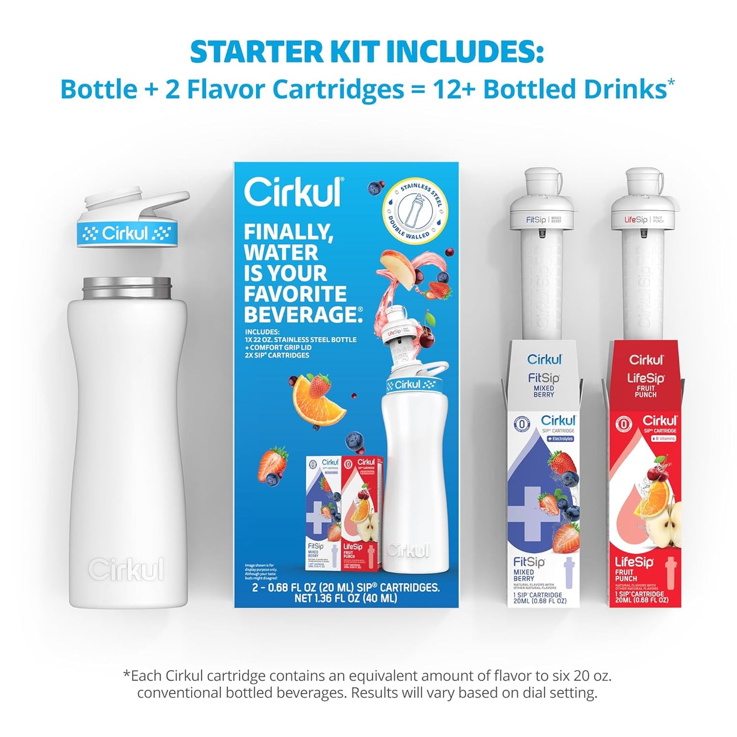Cirkul 32oz. Chameleon Stainless Steel Water Bottle Starter Kit with Green Lid, 2 Flavor Cartridges (1 LifeSip Blackberry Blueberry, 1 GoSip Berry Blue Punch) No Sugar, Zero Calorie Drink Mix