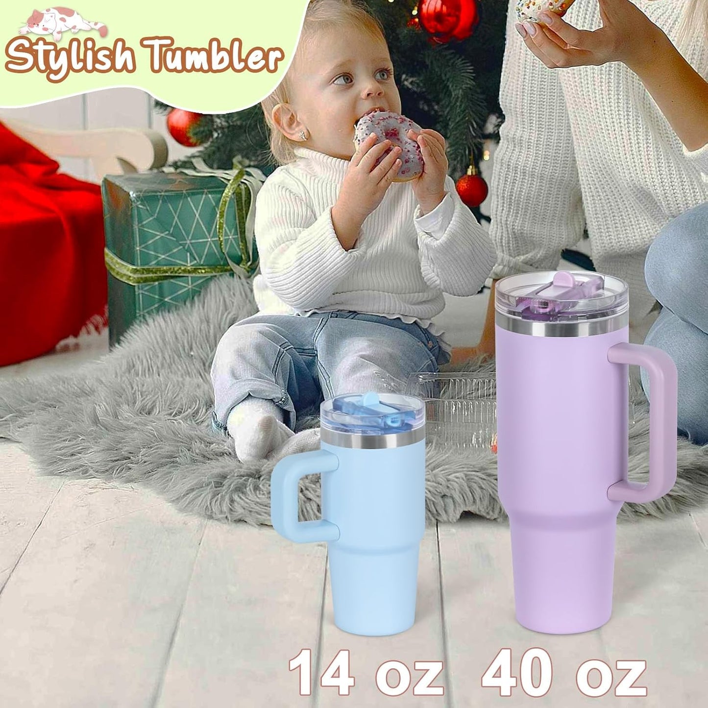 Cosictic 14 Oz Flip Straw Tumbler with Handle for Kids, Stainless Steel Double Wall Insulated Cup for Children with Flip Top Lid, 14 Oz Leak-proof Cups for Kids, Sky Blue and Purple