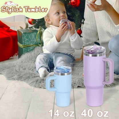 Cosictic 14 Oz Flip Straw Tumbler with Handle for Kids, Stainless Steel Double Wall Insulated Cup for Children with Flip Top Lid, 14 Oz Leak-proof Cups for Kids, Sky Blue and Purple