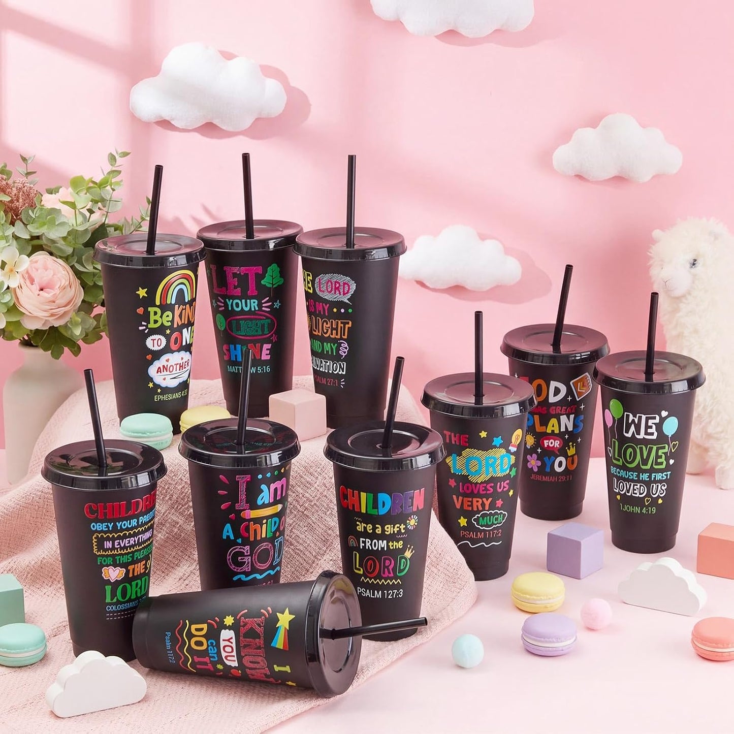 Uiifan 10 Pcs Christian Tumblers with Straws for Kids, Bible Verse Cups for VBS, Sunday School, Church Party Favors and Faith Gifts, Reusable Plastic Tumblers with Lids, 24 oz, White