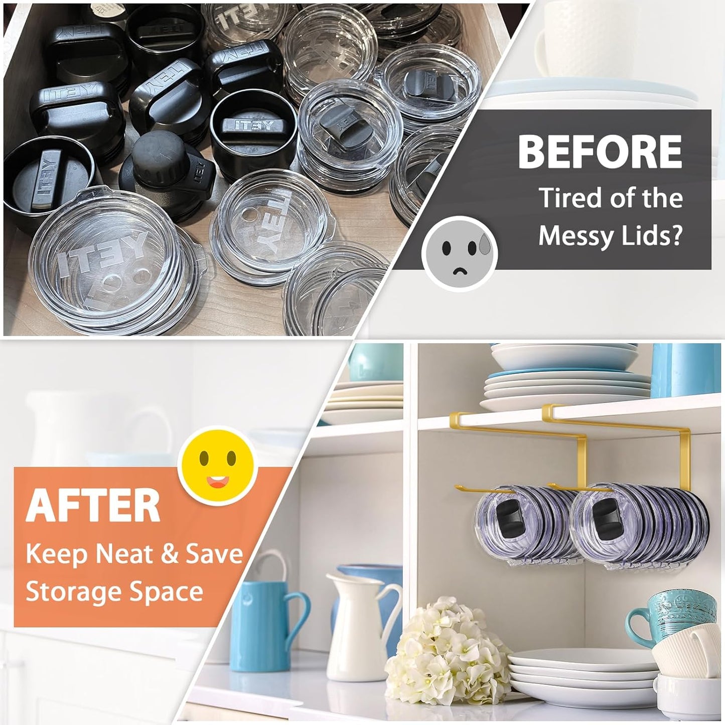 Tumbler Lid Organizer, Horizontal Tumbler Lid Storage Hook Up to 10 Lids, Space Saving Cup Lid Holders Under Cabinet Tumbler Lid Hook for Kitchen Organizer and Storage,Hanging Paper Towel Rack Hanger