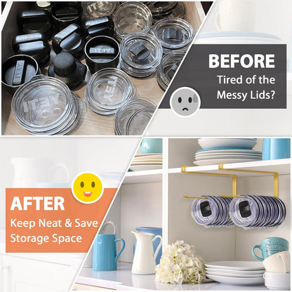 Tumbler Lid Organizer, Horizontal Tumbler Lid Storage Hook Up to 10 Lids, Space Saving Cup Lid Holders Under Cabinet Tumbler Lid Hook for Kitchen Organizer and Storage,Hanging Paper Towel Rack Hanger