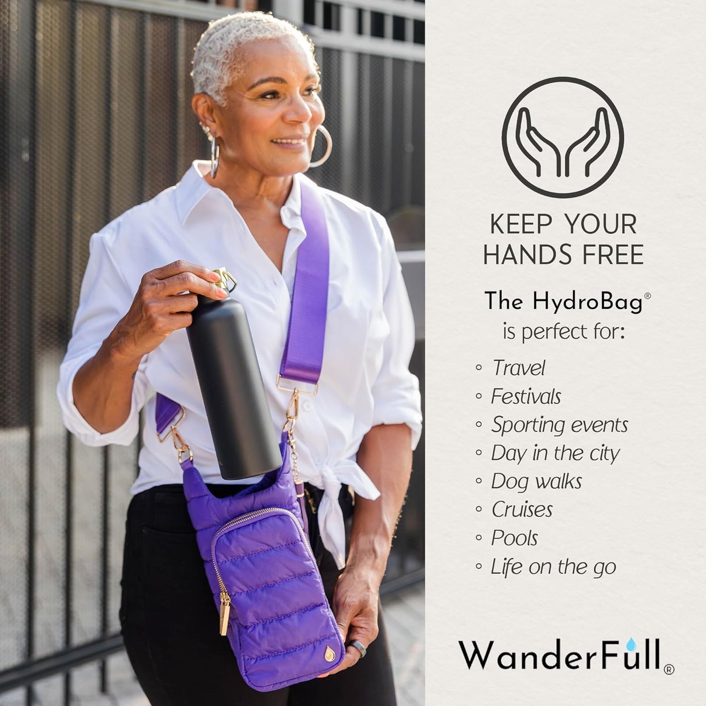 WanderFull Original HydroBag Fits Up to 32 oz Water Bottle Holder with Strap – Hands-Free Crossbody Water Bottle Carrier Bag with Phone Pocket - Colors A