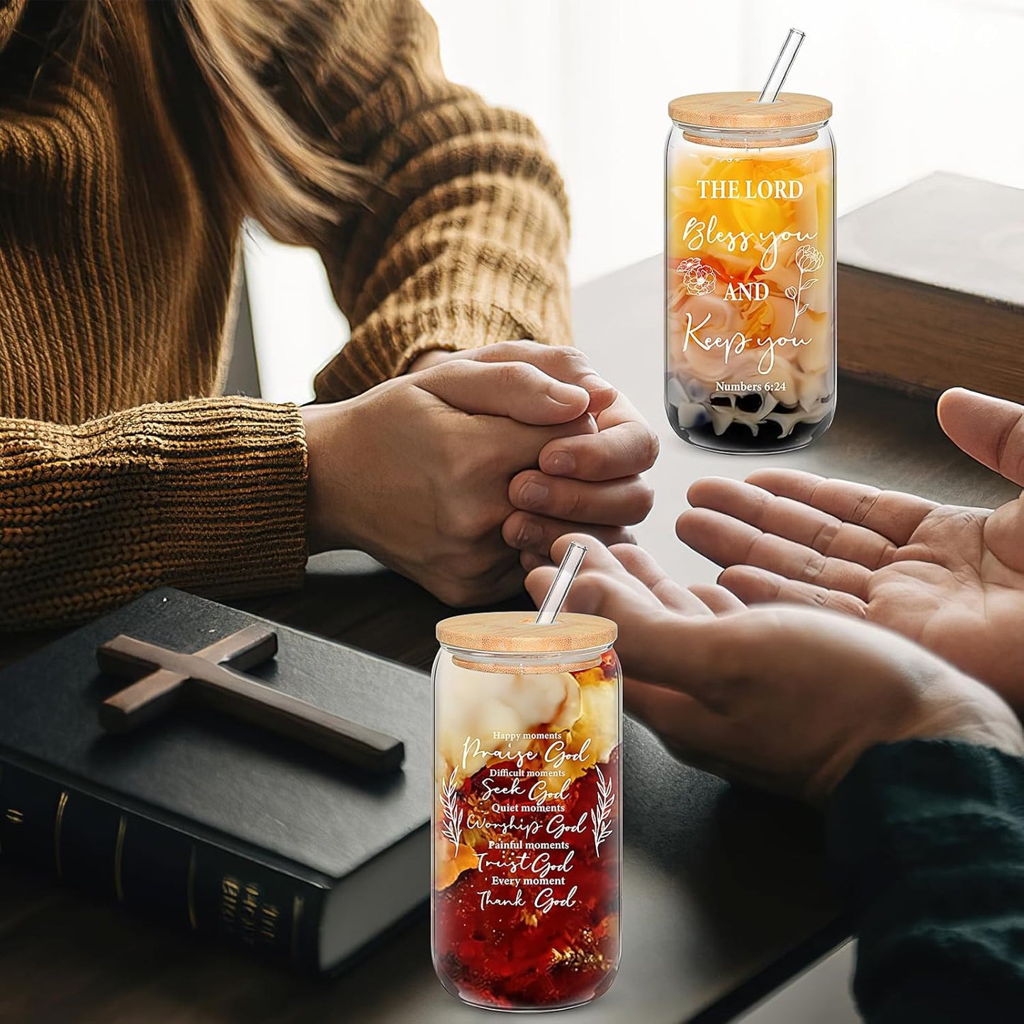 12 Set Christian Gifts Bulk 16oz Glass Cup with Lids Straws Can Shaped Bible Verse Coffee Cup Religious Gifts for Men Women Church Sunday School Bible Study