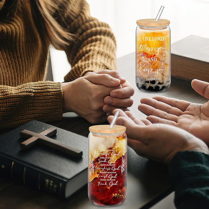 12 Set Christian Gifts Bulk 16oz Glass Cup with Lids Straws Can Shaped Bible Verse Coffee Cup Religious Gifts for Men Women Church Sunday School Bible Study